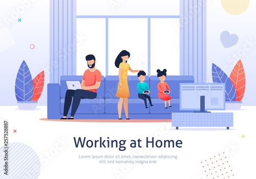 Working at Home Father with Family members banner.