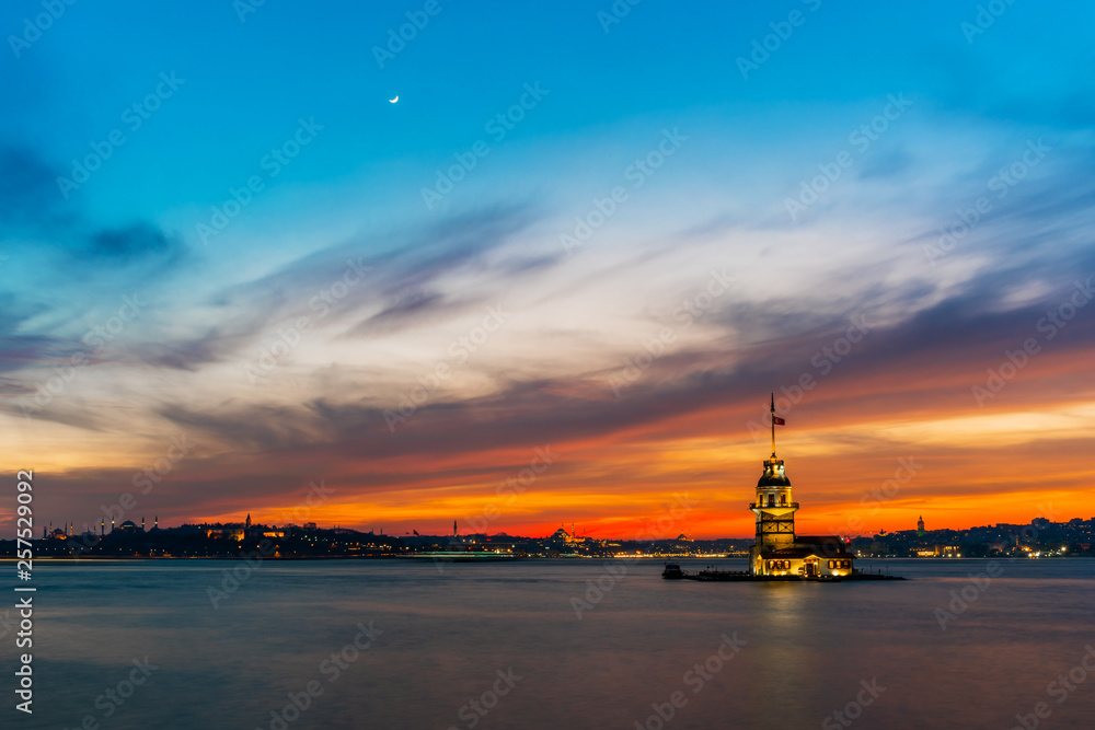 Maiden's Tower with colored sunset sky in Istanbul, Turkey (KIZ KULESI - USKUDAR). Maiden's Tower with colored sunset sky in Istanbul, Turkey (KIZ KULESI - USKUDAR).
