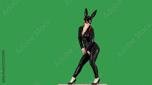 Amusing Female Dancer Wearing Kinky Leather Bodysuit Green Screen