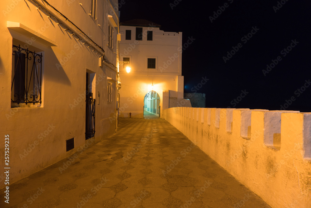 Illuminated Night streets of Asilah Medina, on Atlantic Coast in Morocco