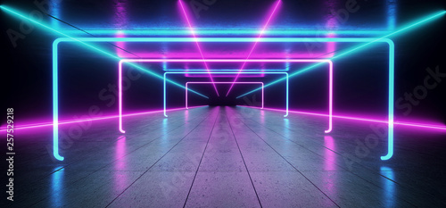 Laser Neon Futursitic Background Sci Fi Purple Blue Glowing Fluorescent Luminous Asphalt Tiled Grunge Concrete Floor Virtual Reality Empty Dark Tunnel Hall Garage 3D Rendering