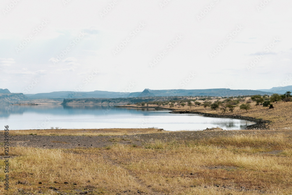Arid landscapes against a mountain background at Lake Magadi, Rift Valley, Kenya