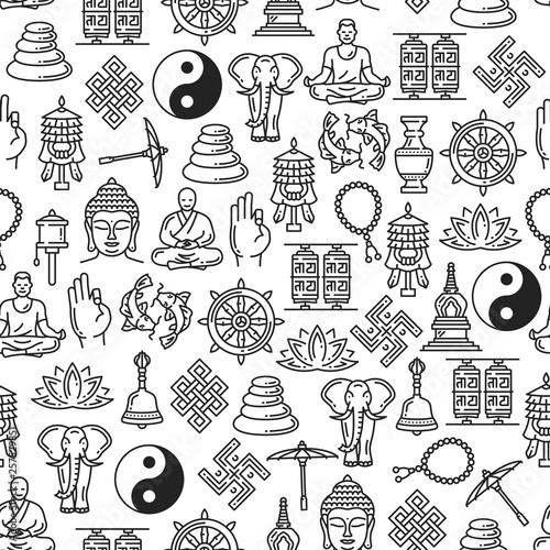 Buddhism religion line symbols seamless pattern