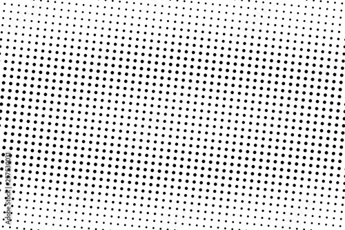 Black and white halftone vector background. Horizontal gradient on rough dotwork texture. Regular dotted halftone.