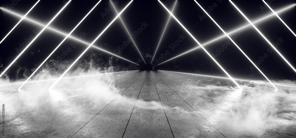 Obraz premium Smoke Fog Smoke Fog Steam Triangle Shaped Neon Sci Fi Futuristic Club Dance Stage Neon Laser Abstract Empty Dark Grunge Concrete Ashpalt Virtual Reality White Glow 3D Rendering
