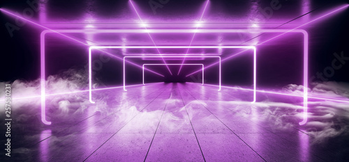 Smoke Fog Laser Neon Futursitic Background Sci Fi Purple Glowing Fluorescent Luminous Asphalt Tiled Grunge Concrete Floor Virtual Reality Empty Dark Tunnel Hall Garage 3D Rendering