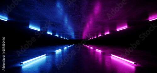 Cement Futuristic Sci Fi Neon Glowing Laser Fluorescent Retro Blue Purple Vibrant Tunnel Corridor Dark Empty Grunge Concrete Reflections Way Gateway Club Virtual 3D Rendering