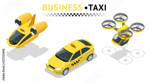 Isometric high quality city service transport icon set. Car taxi and air taxi. Build your own world web infographic collection. Modern futuristic air passenger transport.