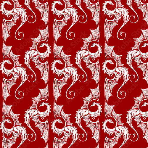 Seamless red background with white dragons. Texture for the heroic saga or the knightly tale photo