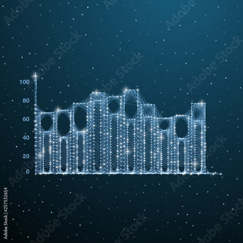 Business wireframe charts on digital space. Low poly graphs infographic statistic. Polygonal visualization template concept. Vector illustration business diagram with line and dots