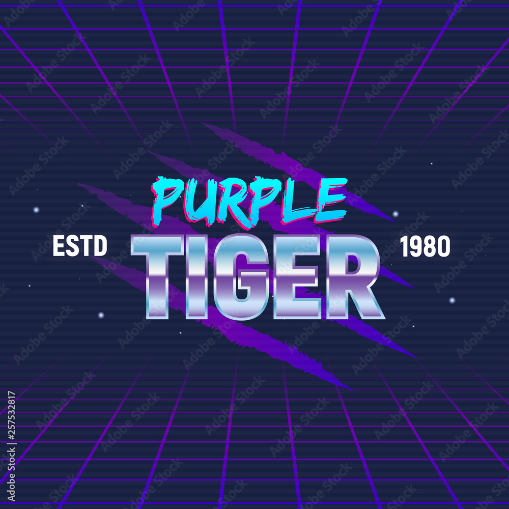 Retro 80s logo, label, badge. Animal scratch with retro text. Purple Tiger. Logo in retro style isolated on 80's background. Vector illustration