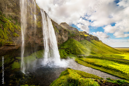 View of Seljalandsfoss one of most stunning waterfalls in Iceland