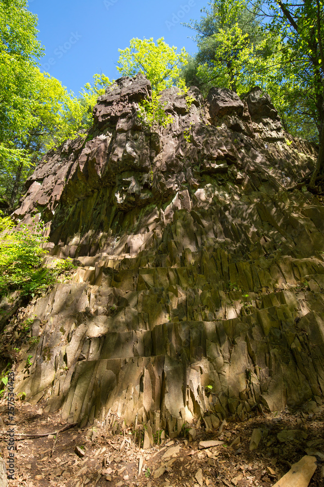 Basalt outcrop of volcanic origin on Talcott Mountain in Connecticut.
