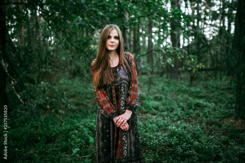 girl stands in the forest in a long dress girl stands in the forest in a long dress