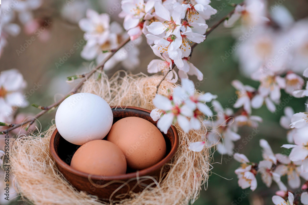 Eggs for Easter against the backdrop of a blooming spring tree in the form of a nest. Concept for Easter. Eggs for Easter against the backdrop of a blooming spring tree in the form of a nest. Concept for Easter.