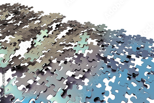 Multiple puzzle pieces with metal texture falling. 
