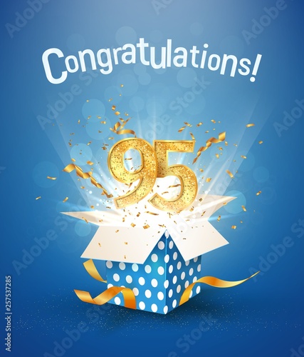 95 th years anniversary and open gift box with explosions confetti. Isolated design element. Template ninety fifth birthday celebration on blue background vector Illustration