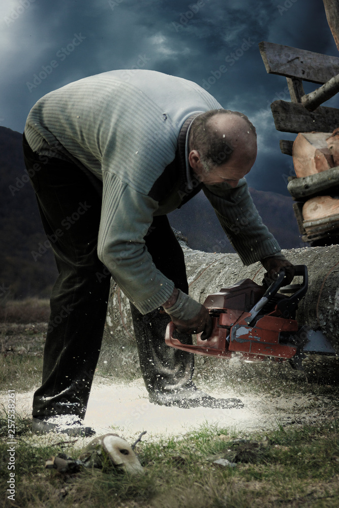 An older man cuts a log with a chainsaw in a mountain meadow. It's the afternoon and bad weather is coming. He is preparing wood for charcoal. The mountain region of southwestern Serbia has fewer and fewer people working in the forest. It is hard, risky and not profitable. An older man cuts a log with a chainsaw in a mountain meadow. It's the afternoon and bad weather is coming. He is preparing wood for charcoal. The mountain region of southwestern Serbia has fewer and fewer people working in the forest. It is hard, risky and not profitable.
