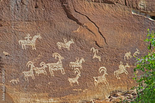 Timeless rock art petroglyphs of ancients in Arches National Park.