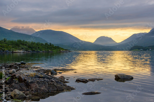 sunset colors over the fjord on Senya island in Norway