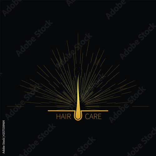 Hair follicle with light burst and shining rays. Medical diagnostics symbol. Healthcare and beauty sign. Transplant clinic logo. Vector illustration.
