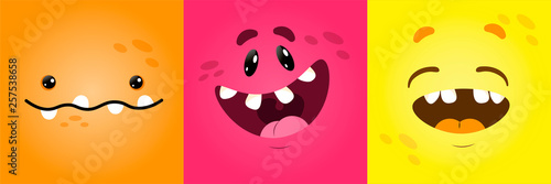 Vector funny moster square monster faces with different emotions, smiles, emoticon set for messenger, sticker, social media, animation, comic, newsletter, poster, banner, logo, icon, avatar.