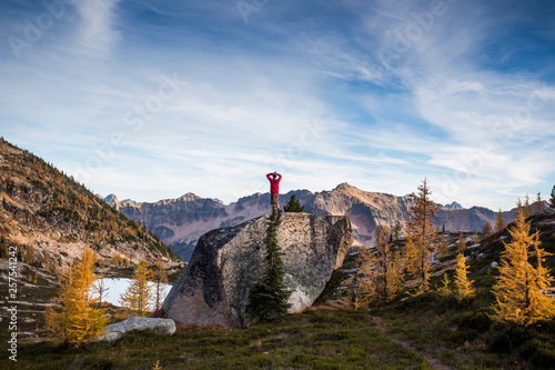 A climber stands on top of a rock alongside the colorful larch trees and steep mountains of the Cascades in the Pasayten Wilderness in Washington. photo