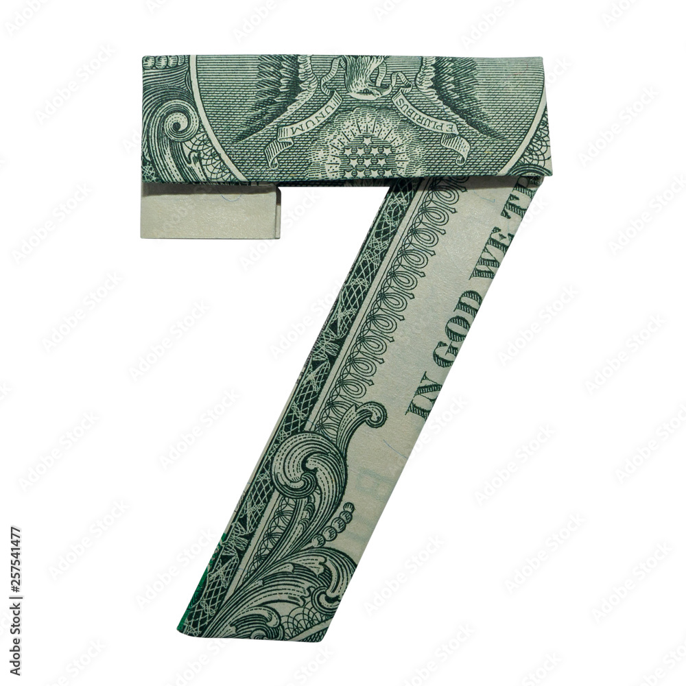 Money Origami Digit 7 Number Folded With Real One Dollar Bill Isolated Money Origami Digit 7 Number Folded With Real One Dollar Bill Isolated