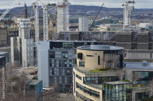 View of Edinburgh from Calton Hill including rooftop gardens on modern commercial buildings