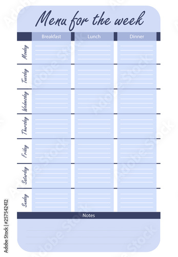 blue menu options for the week. template for food diary. meal plan for the week vector