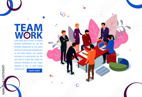 Team work concept. Business management and administration. People characters, on business building.  Flat isometric infographics or banner. Illustration with text place isolated on white.
