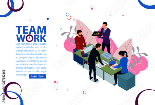 Team work concept. Business management and administration. People characters, on business building. Flat isometric infographics or banner. Illustration with text place isolated on white.