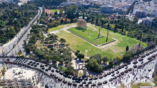 Aerial drone photo of military tanks stoped in Hadrian Arch during anual parade of Greek independence day on March 25, Athens, Attica, Greece © aerial-drone