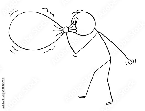 Cartoon stick figure drawing conceptual illustration of man or businessman blowing or inflating big balloon or bag or sack.