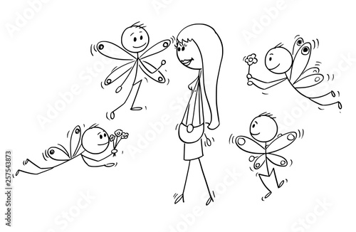 Cartoon stick figure drawing conceptual illustration of attractive beautiful young woman and group of loving swains flying around her like butterflies.