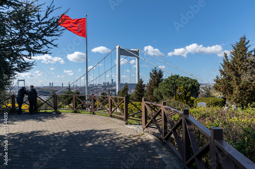 Fatih Sultan Mehmet Bridge (also called the Second Bosphorus Bridge) over the Bosphorus strait in Istanbul, Turkey. Built in 1988 and connecting Europe and Asia