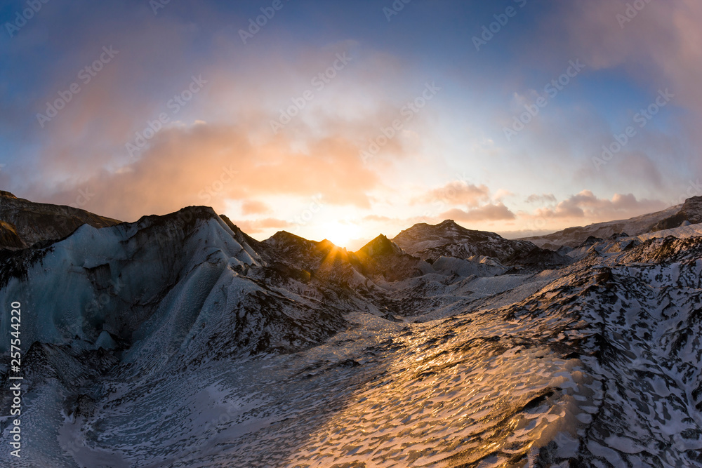 Sunset over Solheimajokull glacier, Iceland Sunset over Solheimajokull glacier, Iceland