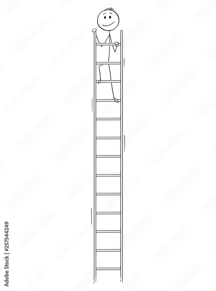 Cartoon stick figure drawing conceptual illustration of smiling happy man or businessman looking around from the top of very high ladder. Business concept of success.