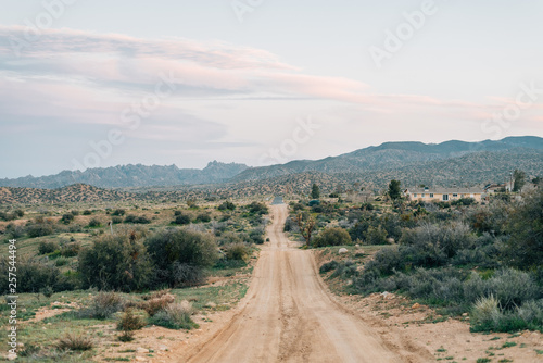 Dirt road and desert landscape in Rimrock, near Pioneertown, California