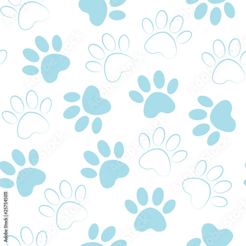 Paw blue print seamless. Vector illustration animal paw track pattern. backdrop with silhouettes of cat or dog footprint.
