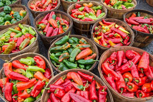 Baskets of pepers at Eastern Market in Detroit photo