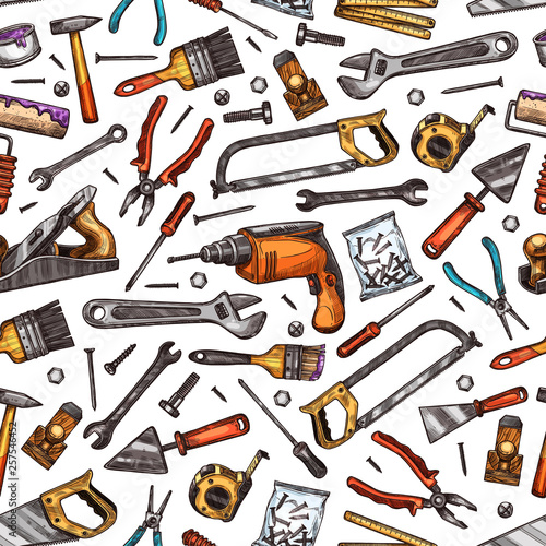 Home repair work tools sketch seamless pattern