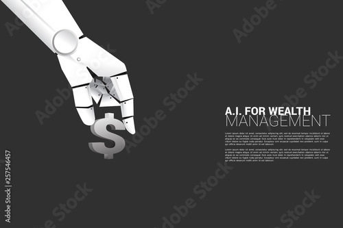 close up hand of robot with dollar icon. Concept of a.i. investment and machine learning for business