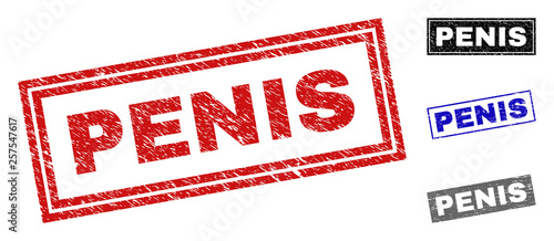 Grunge PENIS rectangle stamp seals isolated on a white background. Rectangular seals with distress texture in red, blue, black and gray colors.