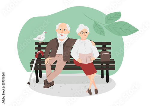 A cute couple of pensioners sitting on a bench in the Park. An elderly man with a gray beard and a wand hugs his elderly wife who is reading a book. Vector illustration.