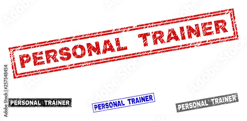 Grunge PERSONAL TRAINER rectangle stamp seals isolated on a white background. Rectangular seals with grunge texture in red, blue, black and gray colors.