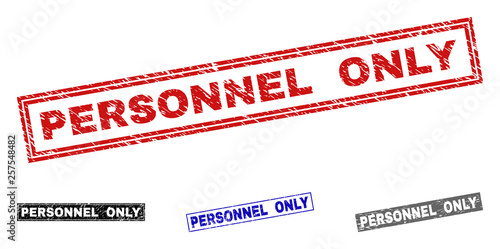 Grunge PERSONNEL ONLY rectangle stamp seals isolated on a white background. Rectangular seals with distress texture in red, blue, black and gray colors.