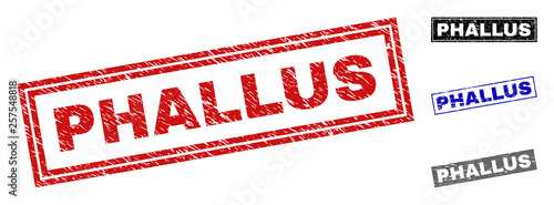 Grunge PHALLUS rectangle stamp seals isolated on a white background. Rectangular seals with grunge texture in red, blue, black and gray colors.