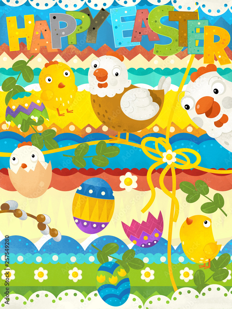 Obraz scena cartoon z easter sceny z kurcząt i jaj - szczęśliwy kartka Wielkanocna - ilustracja dla dzieci