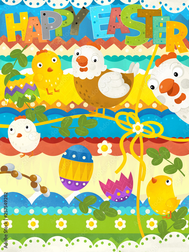 Obraz cartoon scene with easter scene with chickens and eggs - happy easter card - illustration for children
